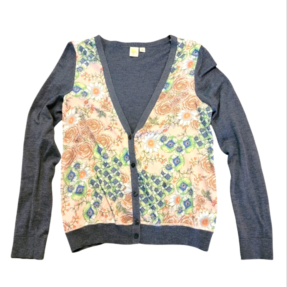 Anthropologie Size Small Floral Silk Lightweight Cotton Grey Cardigan Button